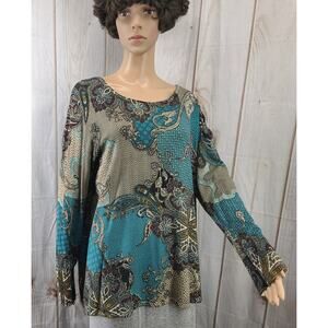 CHICO'S Brown Blue Jersey Knit Long Sleeve Top Abstract Print Size 3 (US XL)